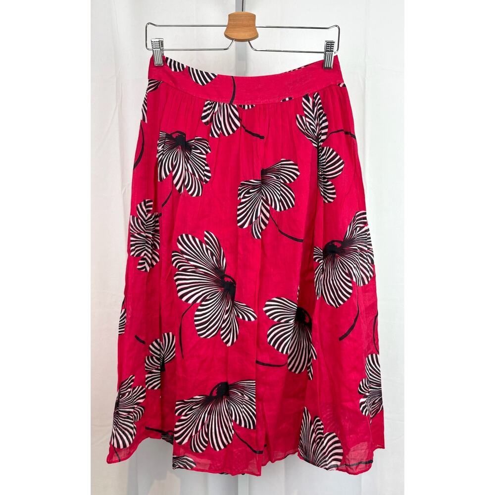 ANN TAYLOR Size 4 Floral Midi Skirt A-Line Cotton Ramie Pink Red Black